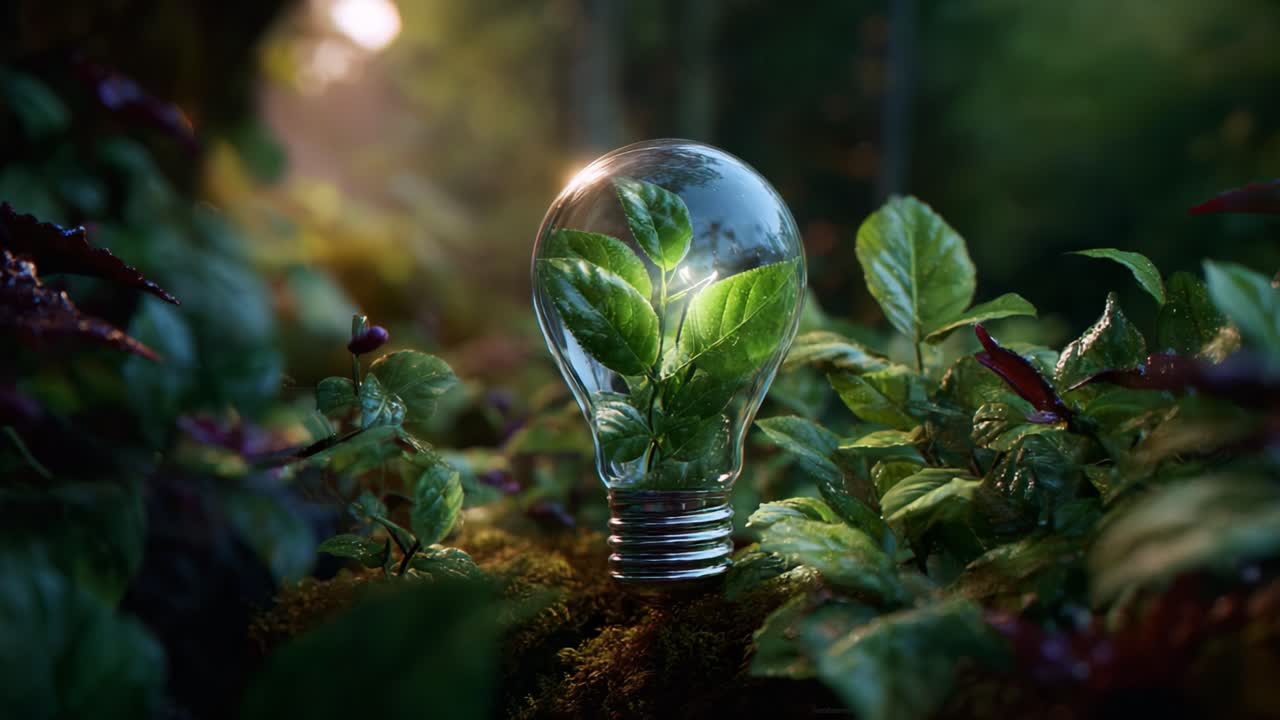 Una lampadina piena di foglie verdi fresche rappresenta la sostenibilità e l'innovazione eco-compatibile in un ambiente naturale lussureggiante, sottolineando l'importanza della natura.