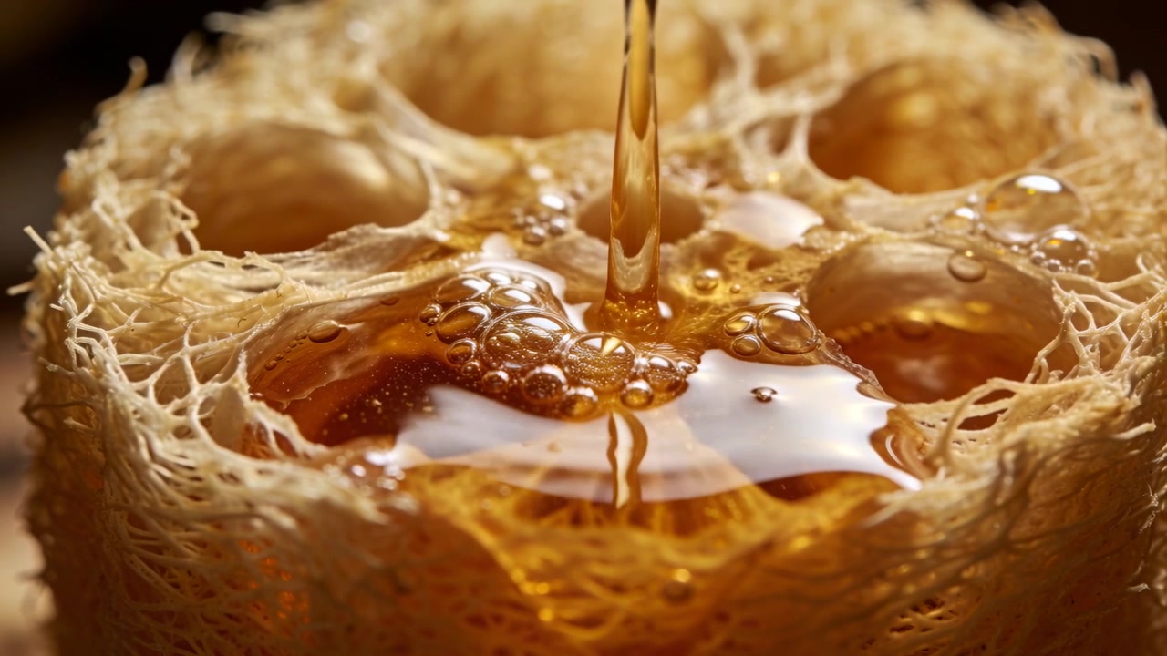 Un beccuccio fuori campo versa un liquido ambrato nella cavità di una spugna di luffa in uno studio per lo styling.