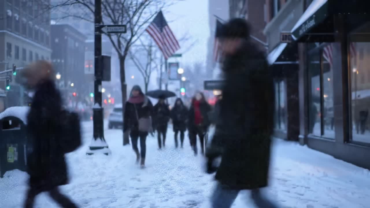 Winter Wonderland: Snow-Covered Streets Filled with People in Winter Attire as They Navigate Through a Beautiful Snowy City Landscape with American Flags