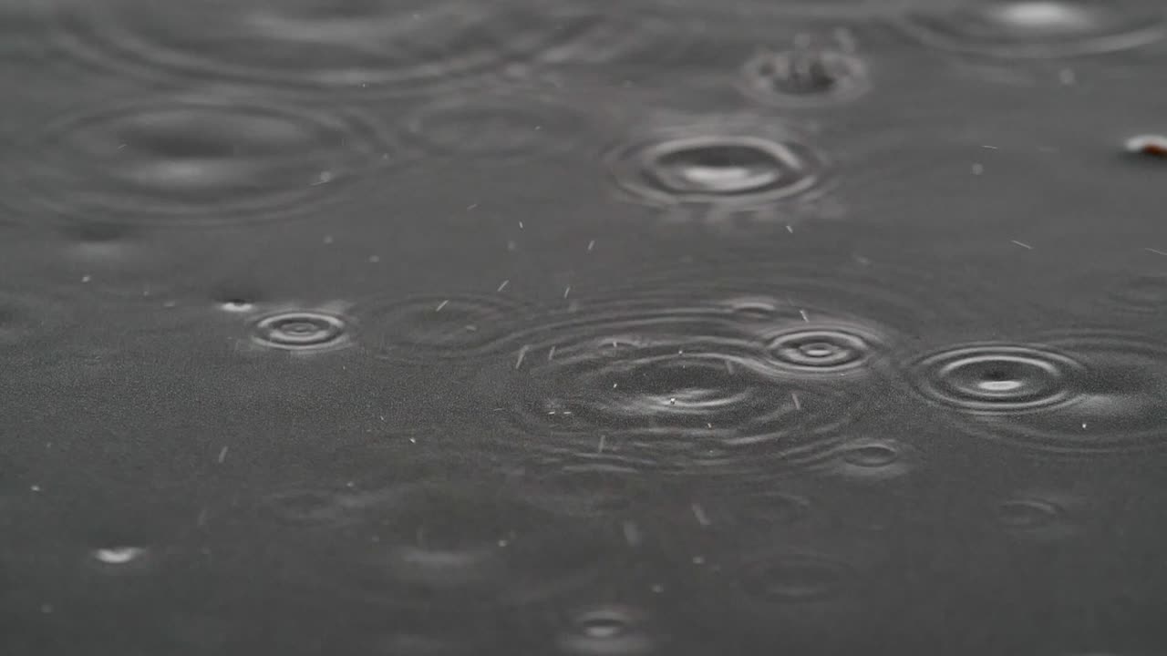 Slow motion shot of water rain drops splashing on the ground during stormy dark day