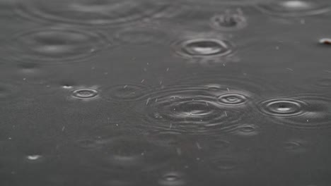 slow motion shot of water rain drops splashing on the ground during stormy dark day