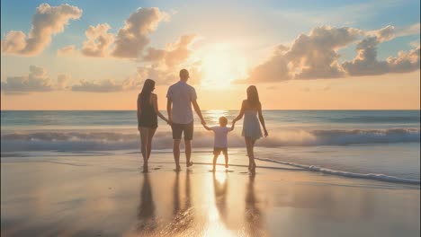happy family walking hand in hand along the beach at sunset, savoring their vacation in a stunning tropical paradise, filled with joy and togetherness amidst the waves