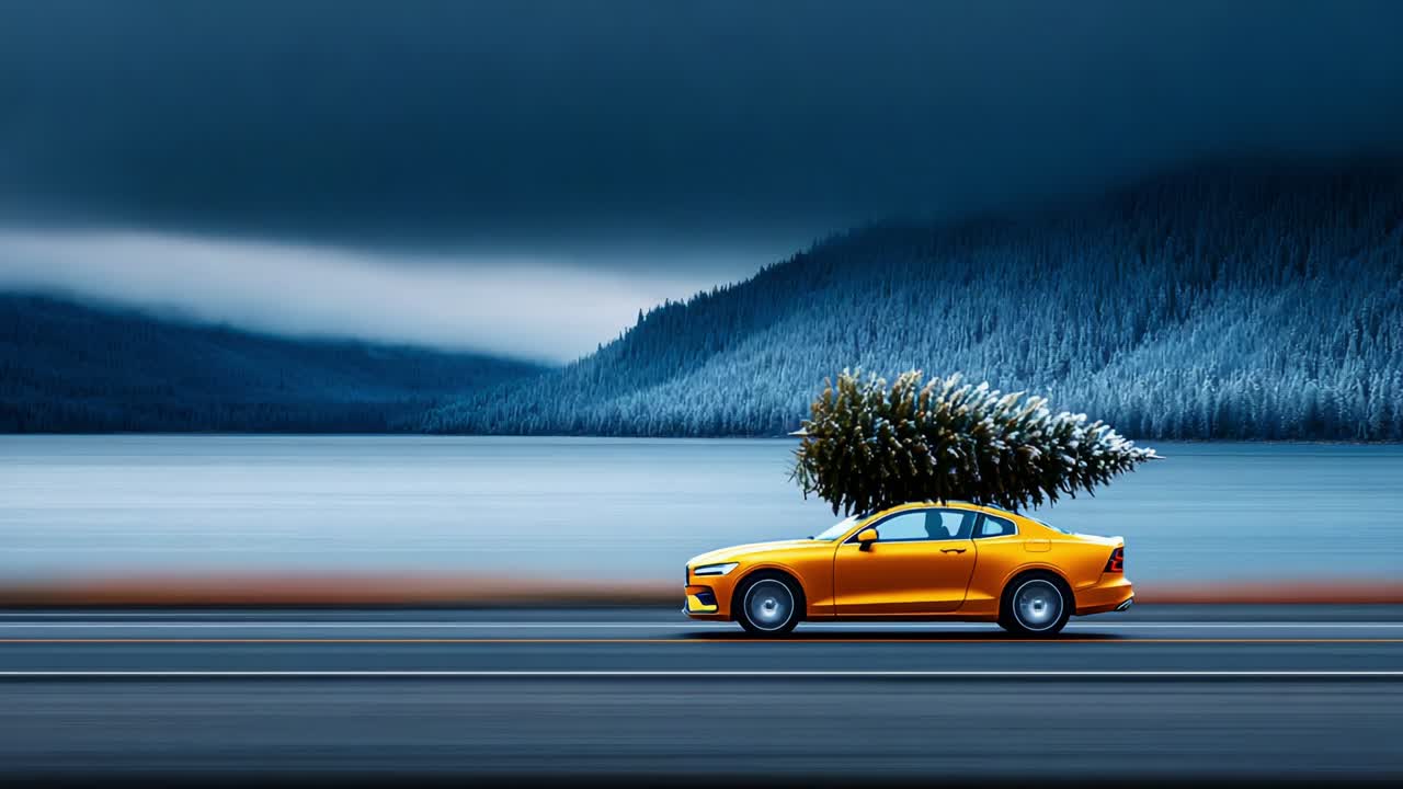 A Bright Yellow Car Transporting a Frosty Christmas Tree Along a Serene Lakeside Road Surrounded by Snow-Capped Mountains and a Dramatic Overcast Sky, Perfect for Winter Adventures and Holiday Spirit