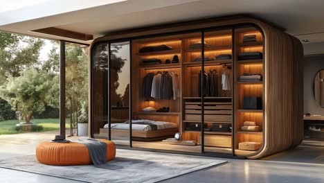 luxurious modern walk-in closet with integrated bed and sleek design