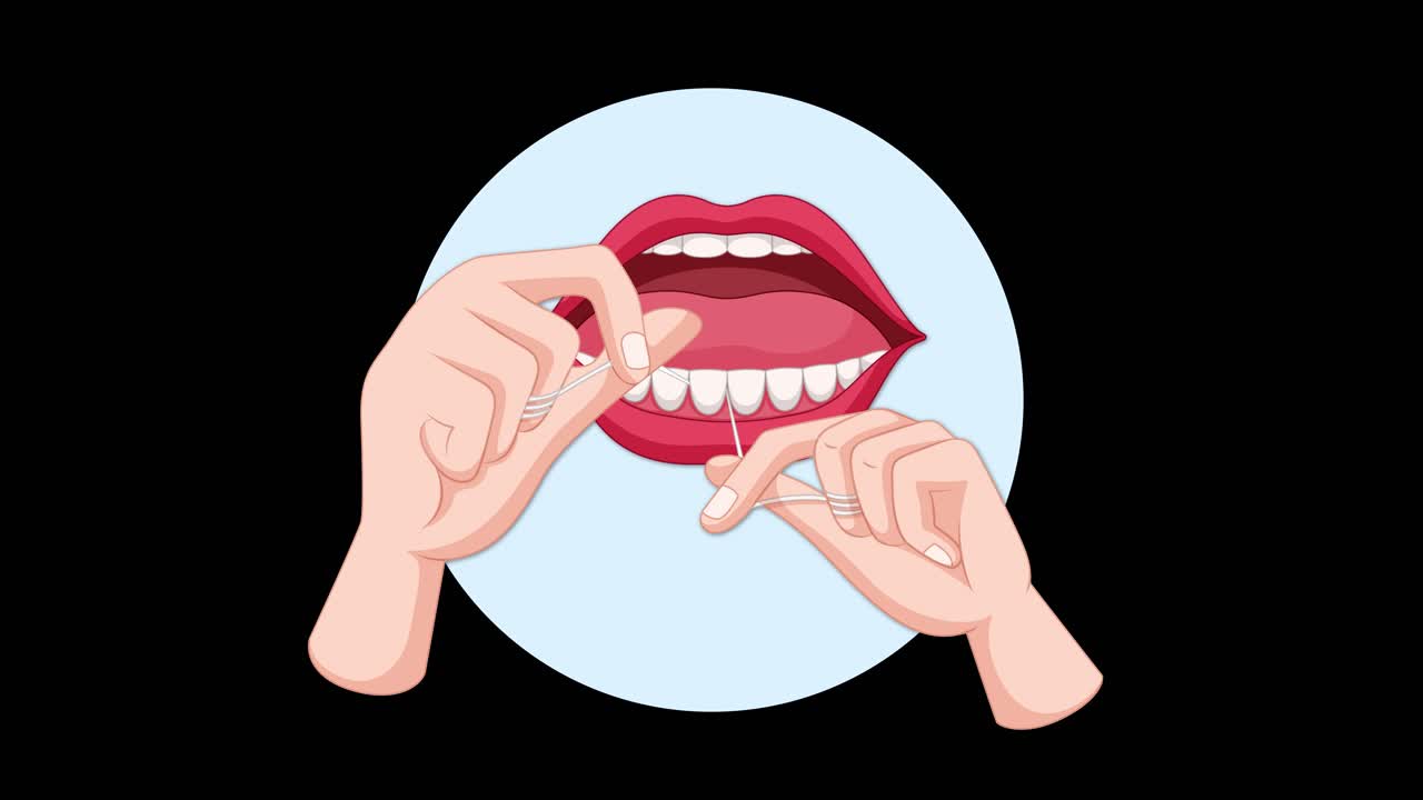 Vector animation illustrating hands flossing teeth in a stylized mouth, with smooth, repetitive motion and clear dental hygiene focus on a black backdrop
