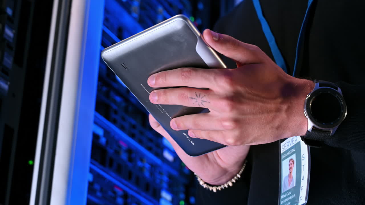 Close up of a man analysing data on a tablet in a server room