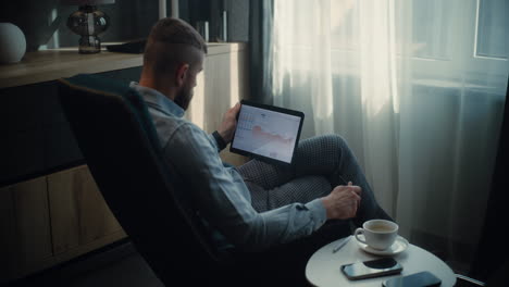 thoughtful financial analyst working on tablet computer with digital stylus, monitoring real-time stocks, exchange market charts. successful businessman works in comfortable office of investment bank.