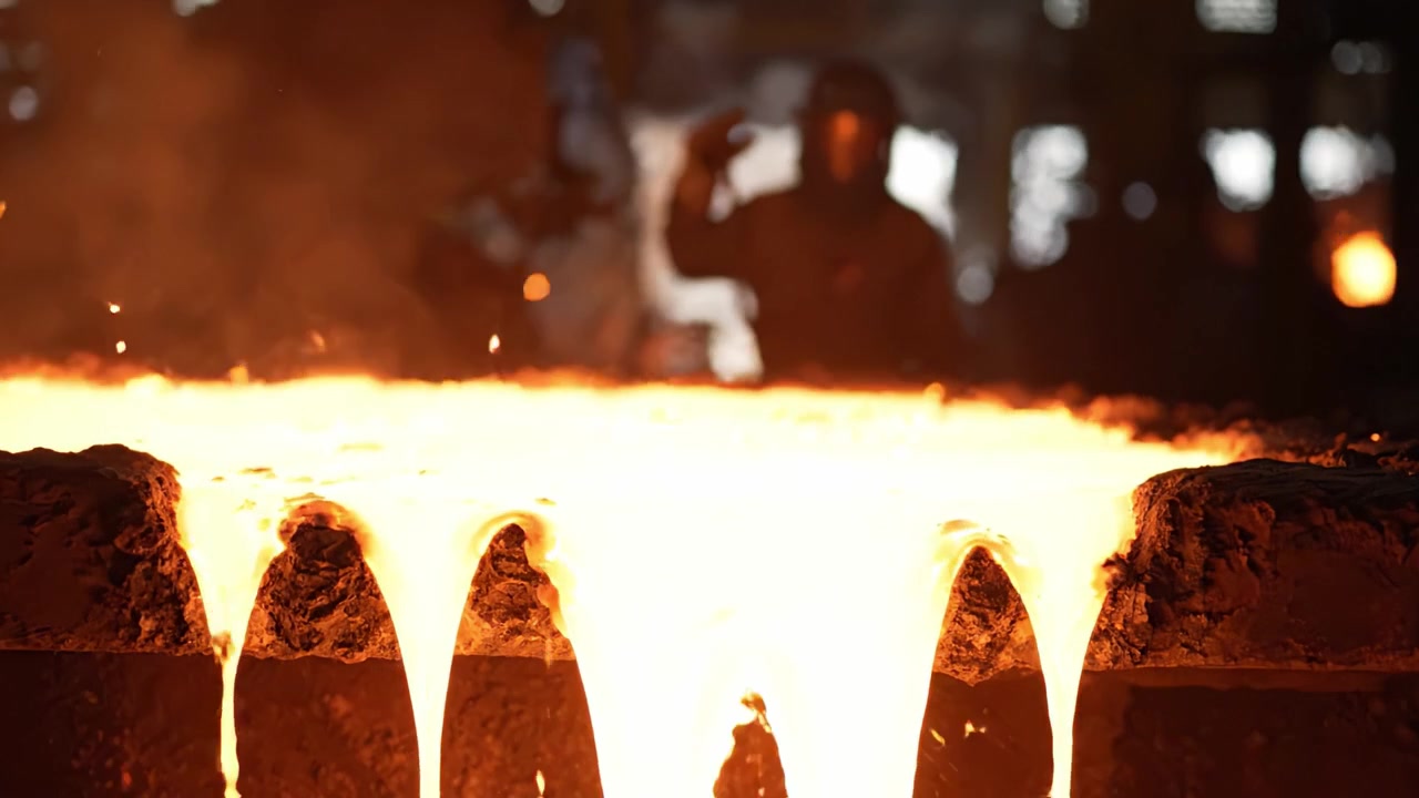 Molten metal pouring in a foundry, showcasing intense orange and yellow hues as workers manage the molten materials in a dynamic industrial environment.