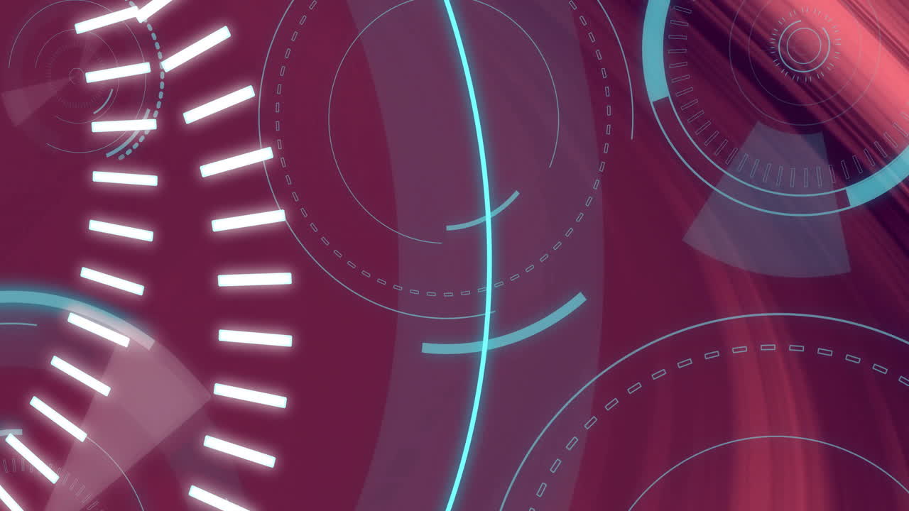Futuristic digital interface animation with circular and linear elements on red background