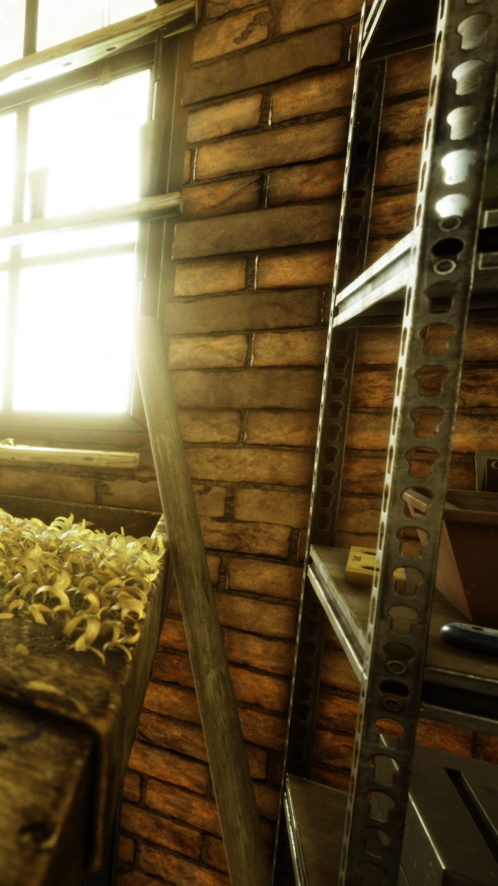 Sunlight dances through a rustic workshop filled with charming details