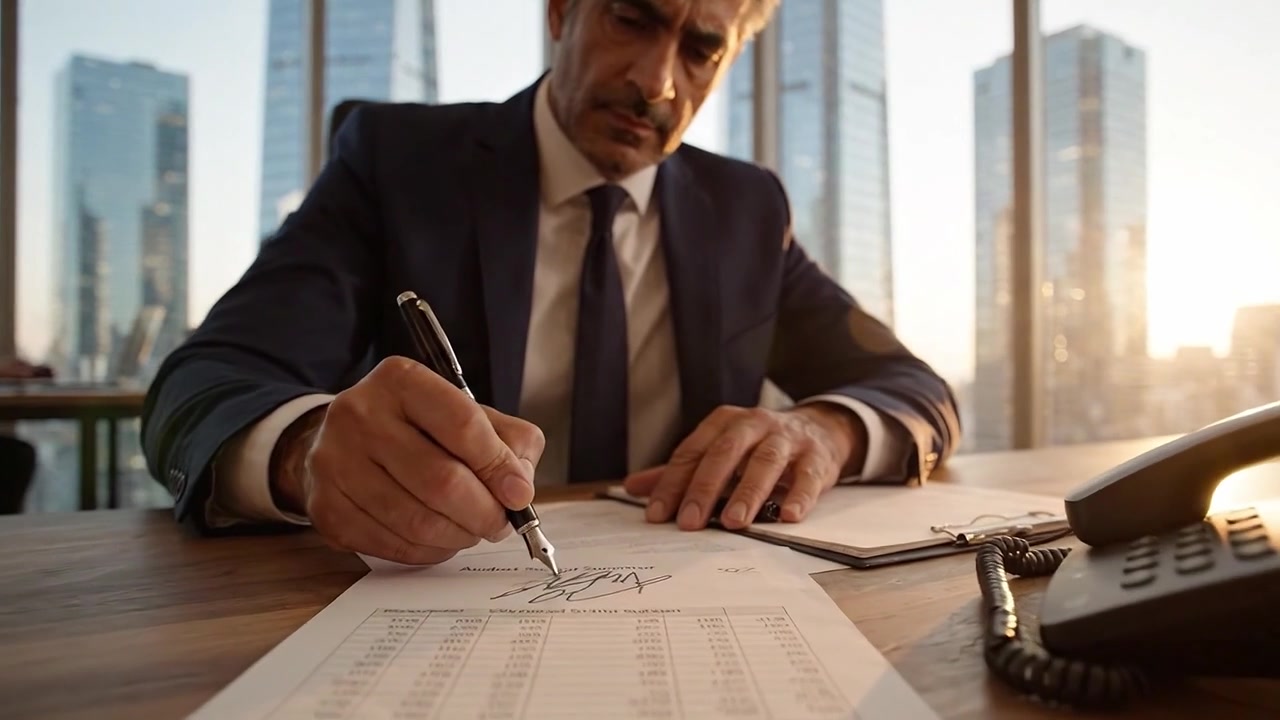 Reunión de negocios profesional en un entorno de oficina moderno: Ejecutivo revisando y firmando documentos importantes con un fondo de paisaje urbano
