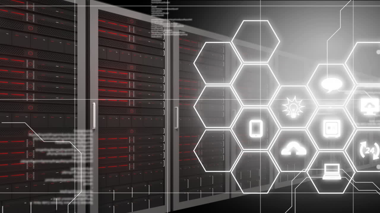 Animation of data processing and media icons over server room