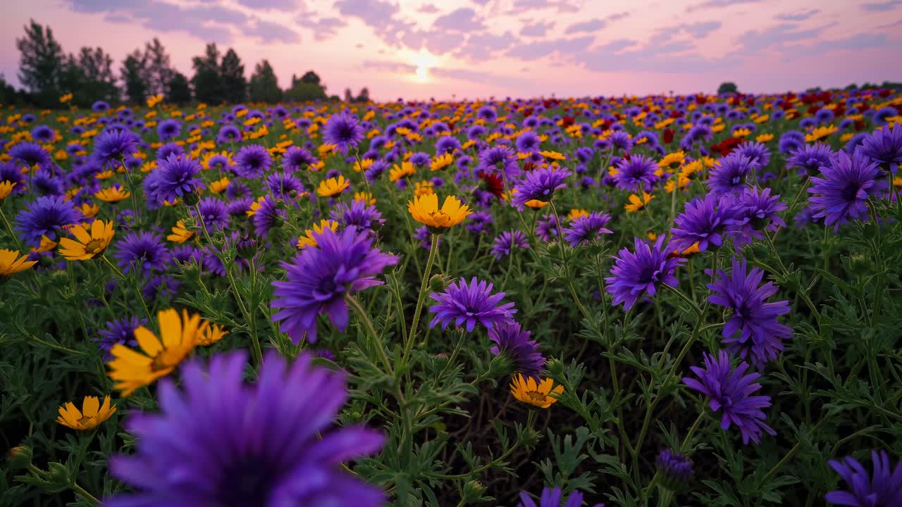 Vibrant field of purple and yellow flowers at sunset, captured from a low-angle