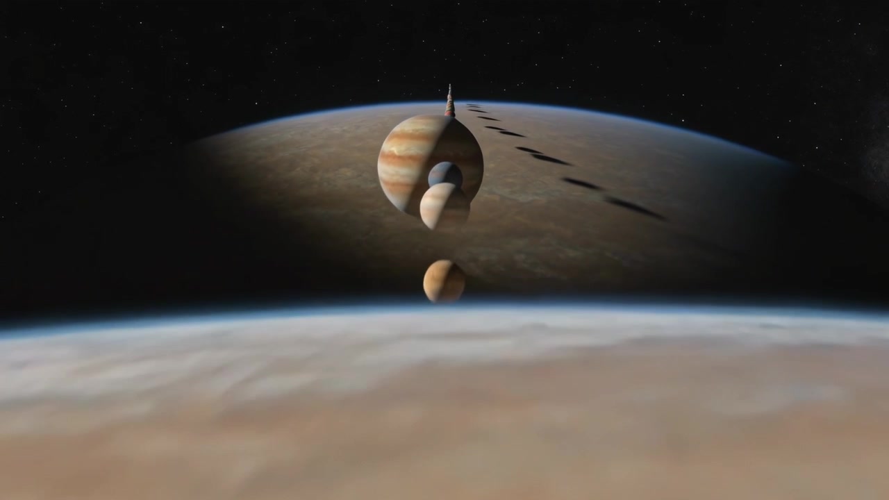 Pulling back, camera revealing rust-colored planet horizon with banded gas giant and moons aligning