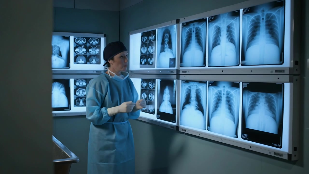 Examining chest x-rays on lightbox, female medic in cap mask gown gloves moving to sink handwashing