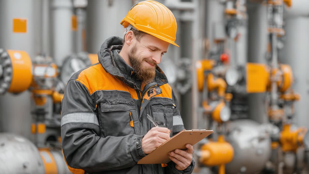 A Worker in Safety Gear Inspects Equipment with a Clipboard in a Manufacturing Environment, Affirming Safety Protocols and Quality Control Measures