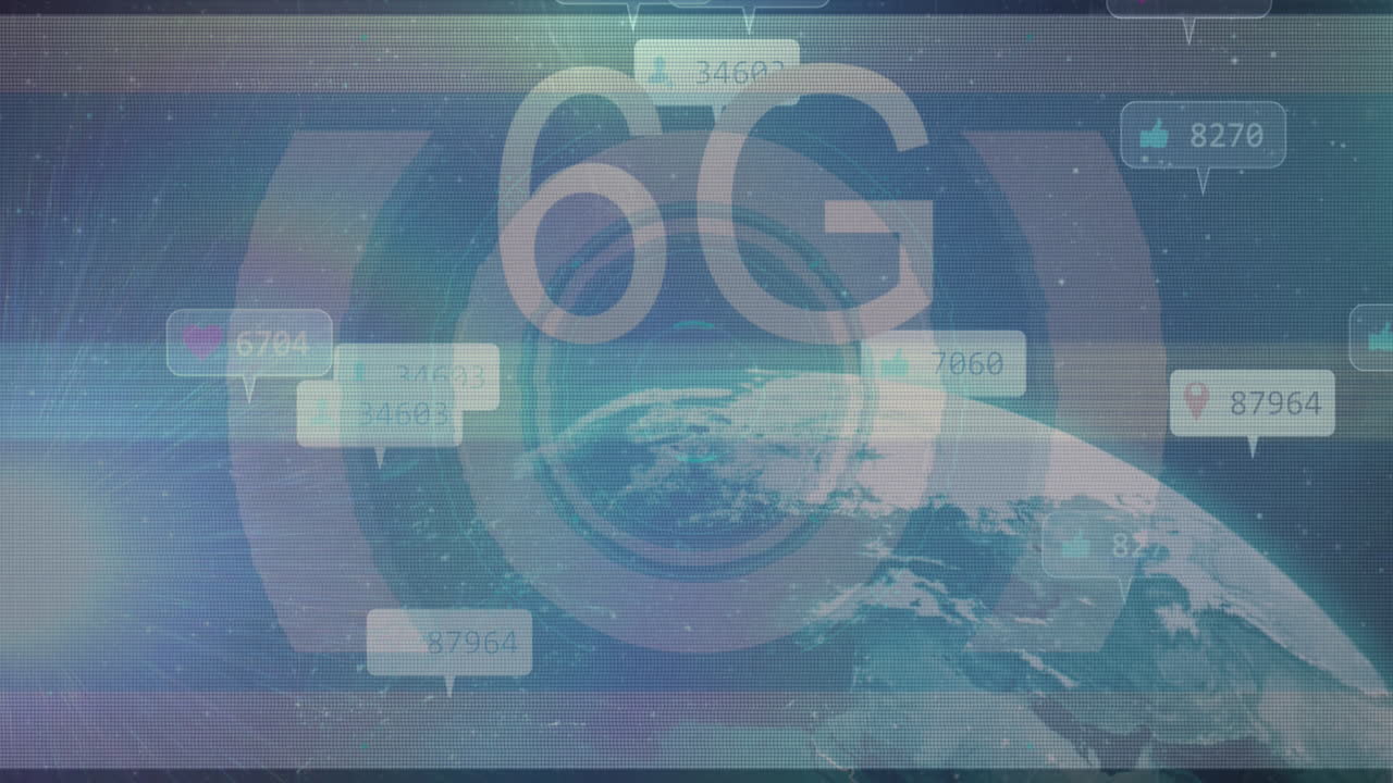 animación de iconos de redes sociales más de 6g texto, globo y escaneo de alcance