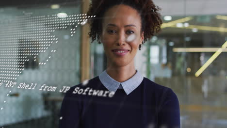 animation of financial data processing over biracial businesswoman in office