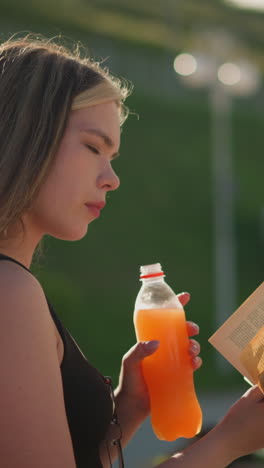 vista lateral de una mujer sentada al aire libre sosteniendo un libro en una mano mientras bebe de una botella de jugo en la otra, continúa leyendo, con un fondo borroso con un poste de lámpara y una colina verde