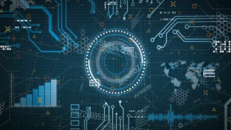 Animation-of-circles-over-graph,-map-and-circuit-board-pattern-against-abstract-background