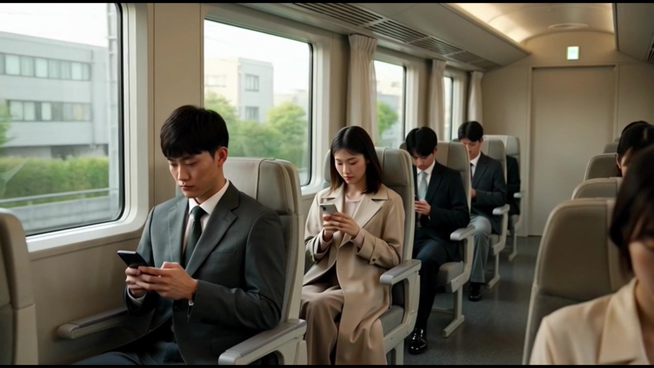 走行中の電車内でスマートフォンを使用する通勤者