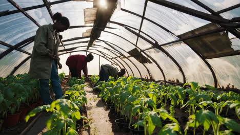 people planting tomato plants in a greenhouse