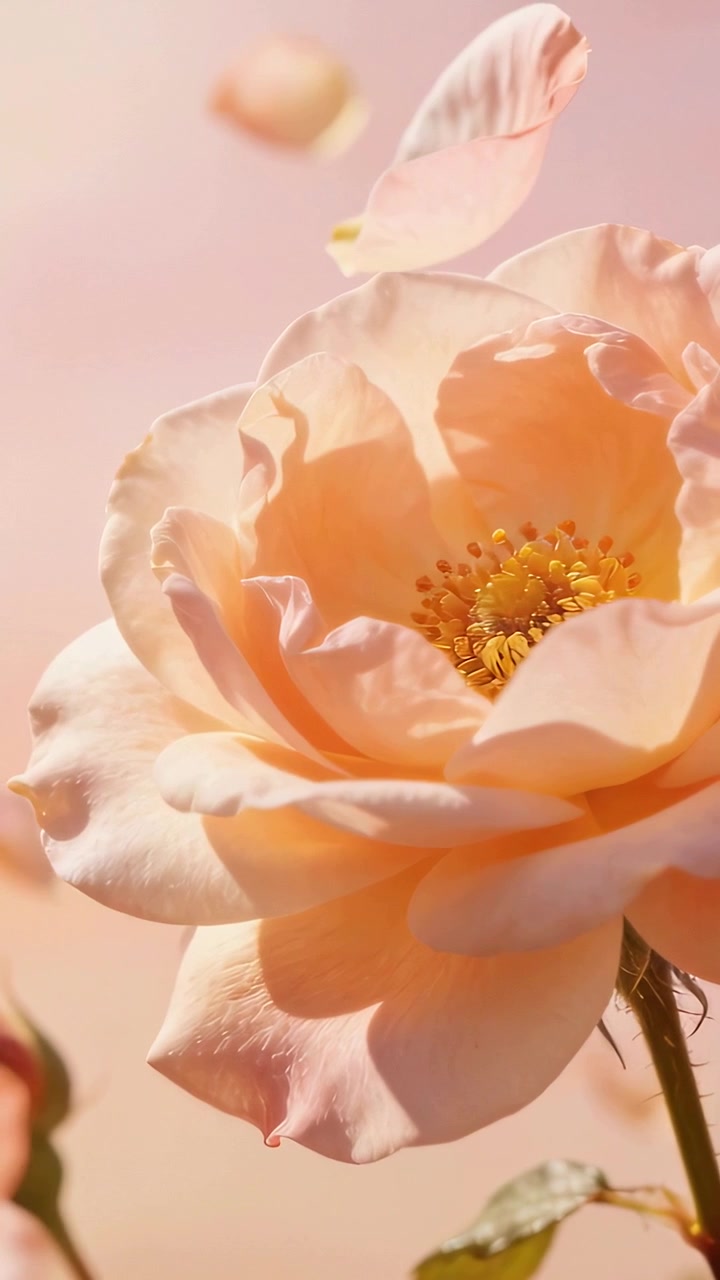 Video verticale: Petali fluttuanti che attraversano una rosa color pesca in studio, mossi da un ventilatore, rivelando stami e bocciolo
