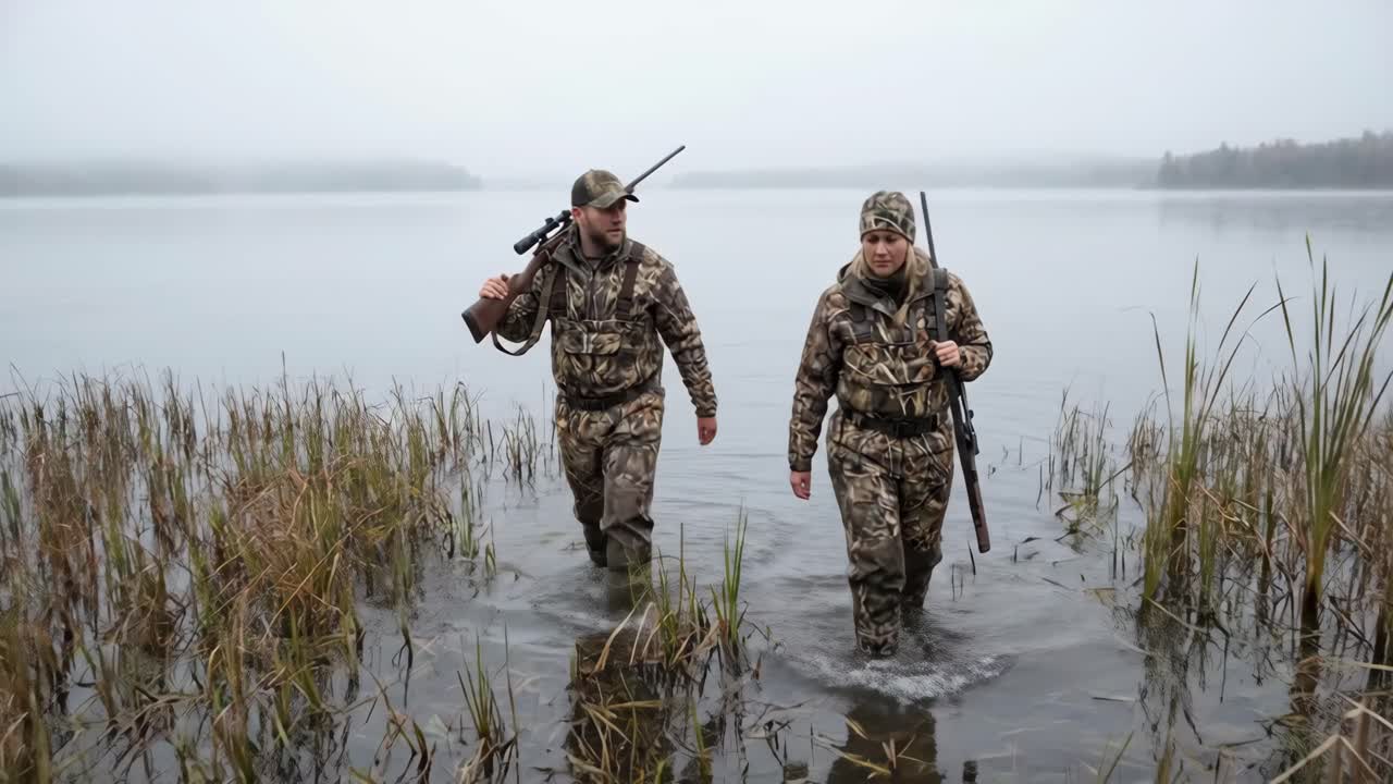 Two Hunters Wading Through a Misty Lake with Rifles