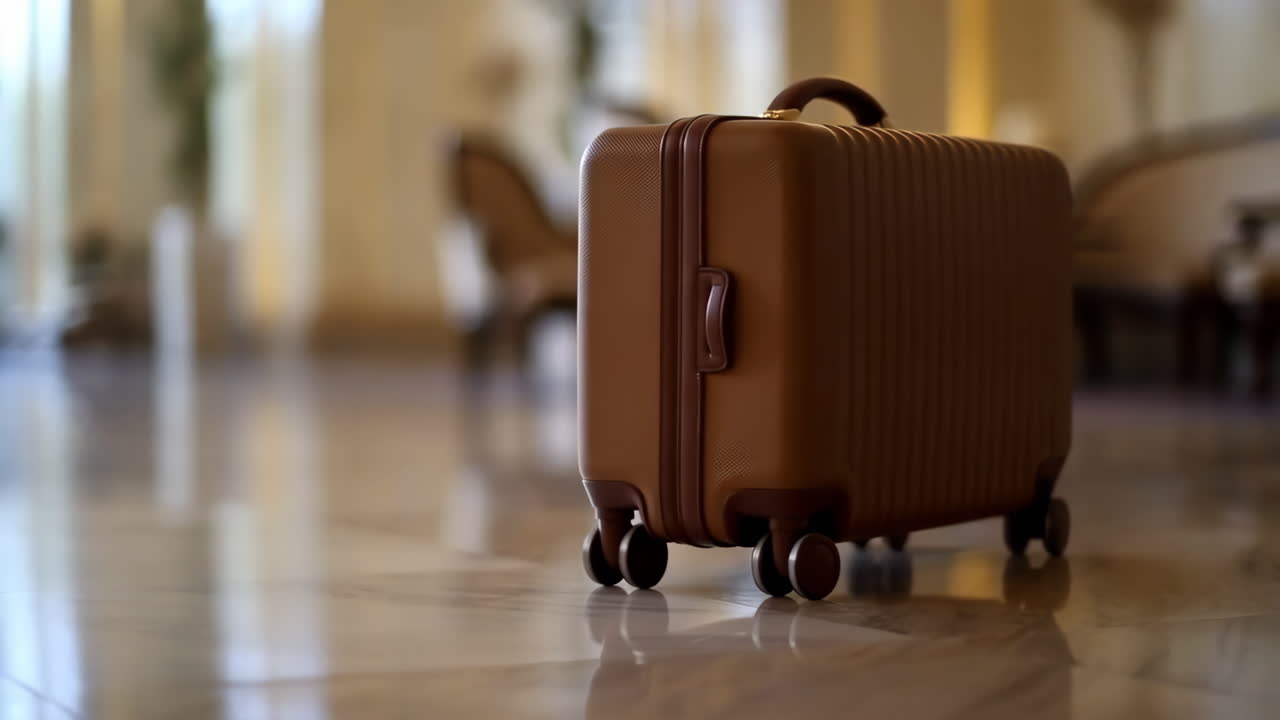 Brown Suitcase on Polished Floor in Hotel Lobby