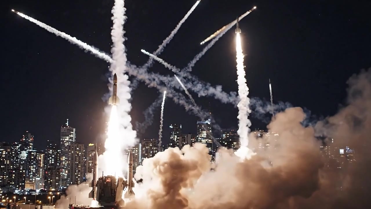 Rocket Launch Sequence Captured Under Night Sky, Showcasing Powerful Flames and Smoke Against Urban Skyline Lights in the Background