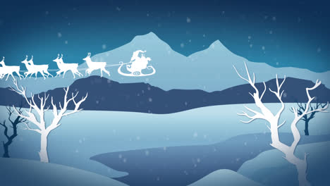 Animation-of-santa-claus-in-sleigh-with-reindeer-over-snow-falling-and-winter-landscape