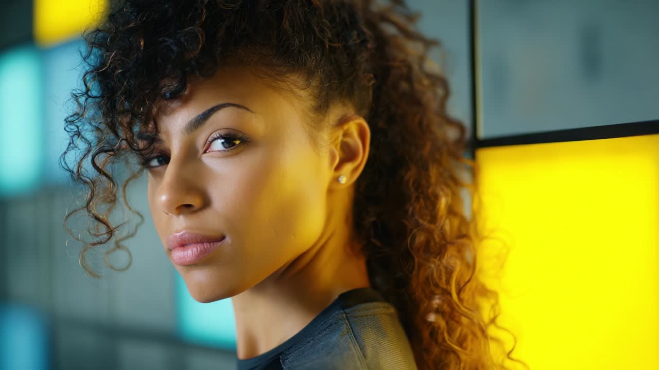 A Captivating Portrait of a Young Woman with Curly Hair, Showcasing Her Stunning Features and Unique Style Against a Vibrant Background of Colorful Panels that Enhance the Visual Impact