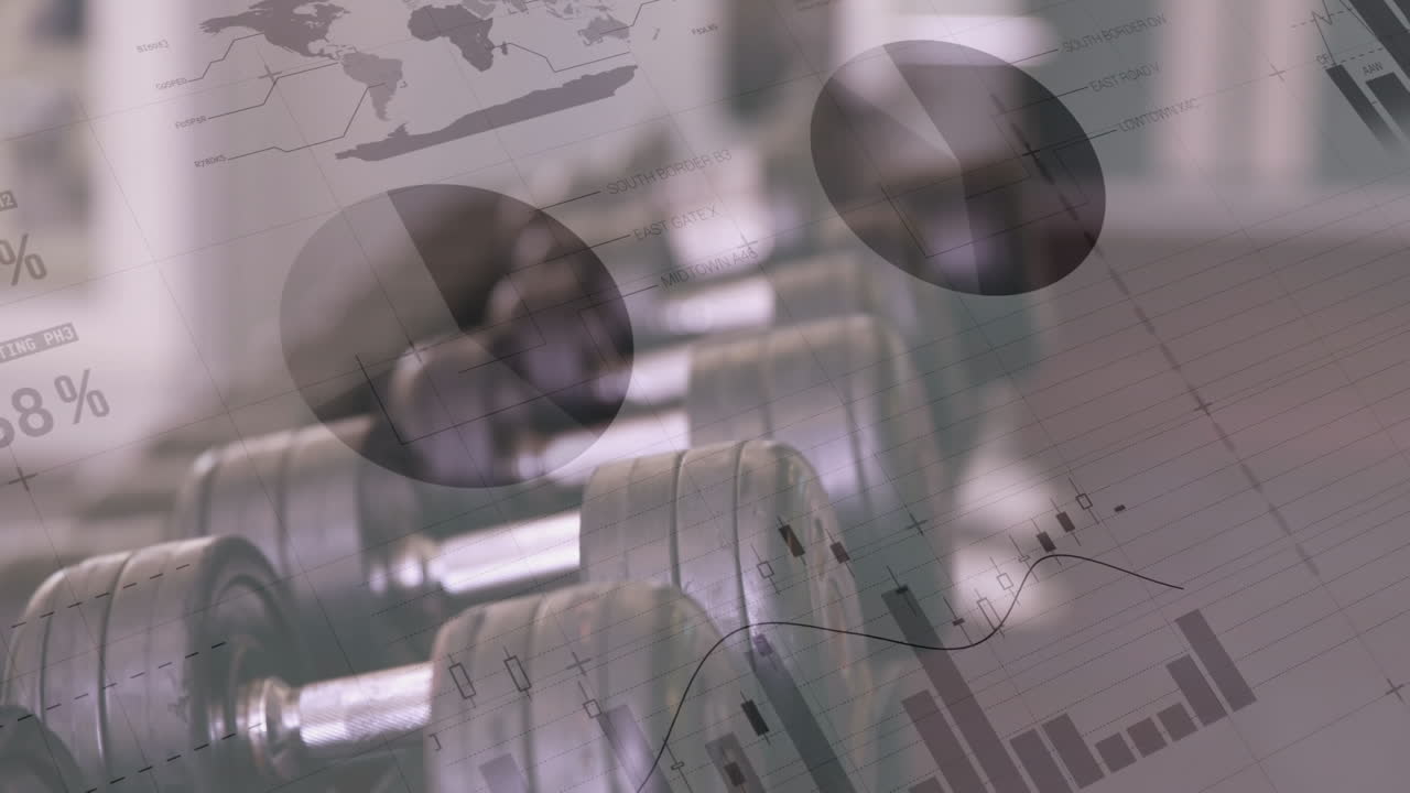 animación del procesamiento de datos sobre pesas en fila en el gimnasio