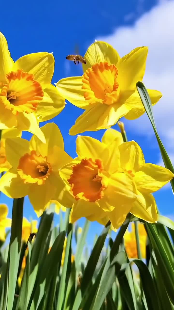 Low-angle video of vibrant yellow daffodils against a clear blue sky, capturing a bee in flight
