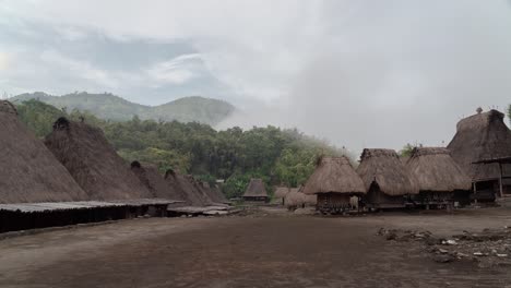 traditional village with thatched-roofed houses nestled in misty mountains