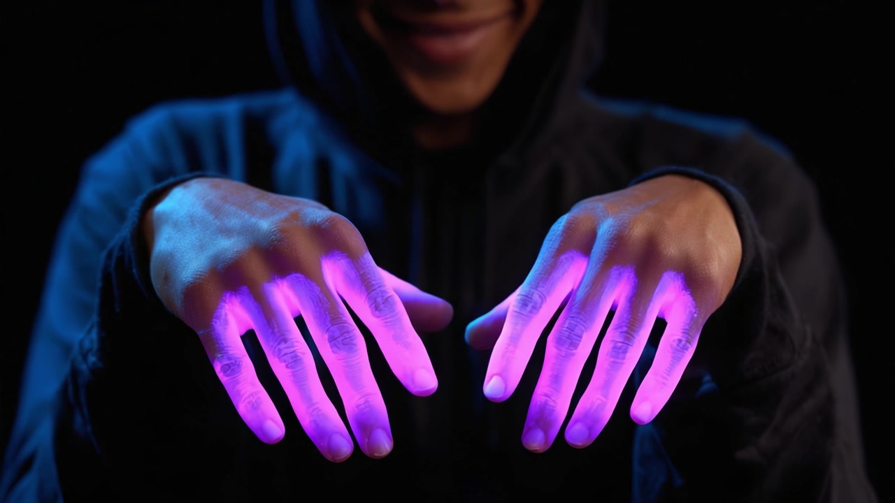 Uno Spettacolo Ipnotizzante di Mani Illuminate Mostra la Bellezza della Luce e della Creatività, Evidenziando l'Arte Dietro gli Effetti Luminosi in un Ambiente Scuro