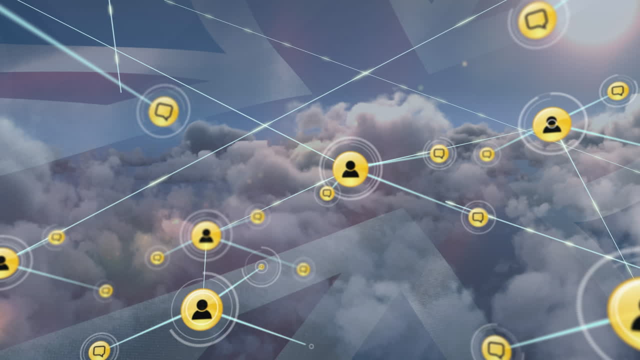 animación de una red de iconos digitales sobre la bandera del reino unido en contra de las nubes en el cielo.