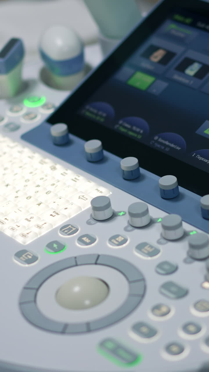 Keyboard and touch screen on the ultrasound apparatus. Advanced equipment for sonography at modern clinics. Close up.