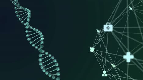 Digital-composite-video-of-web-of-connections-with-icons-moving-against-dna-structure-spinning-in-ba