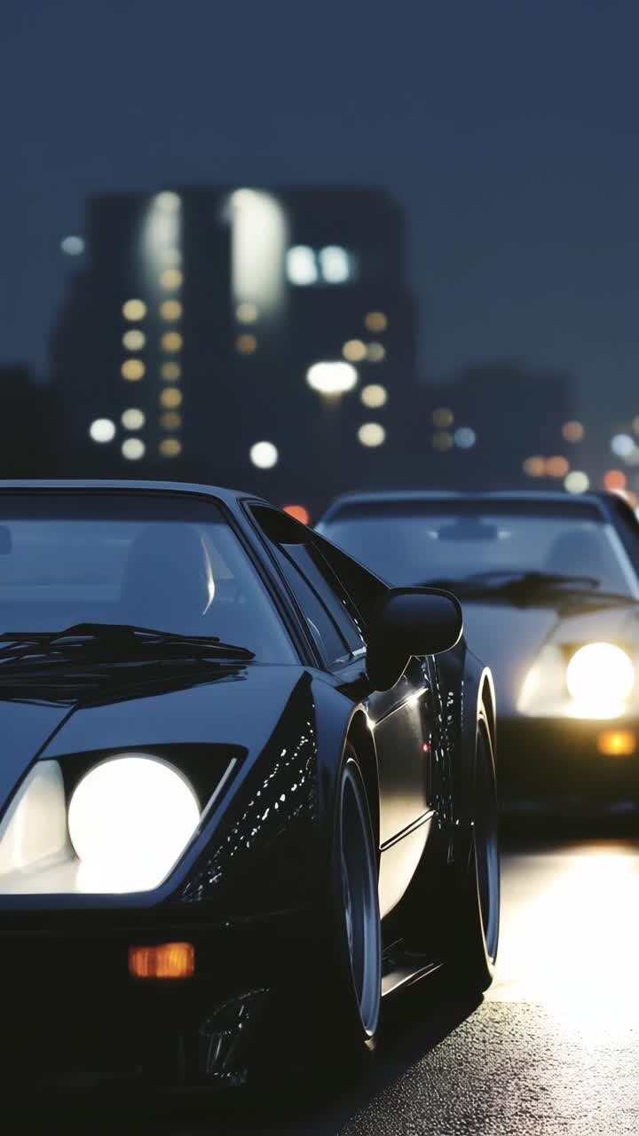 Coche deportivo elegante de noche, con los faros encendidos y captado desde un ángulo bajo