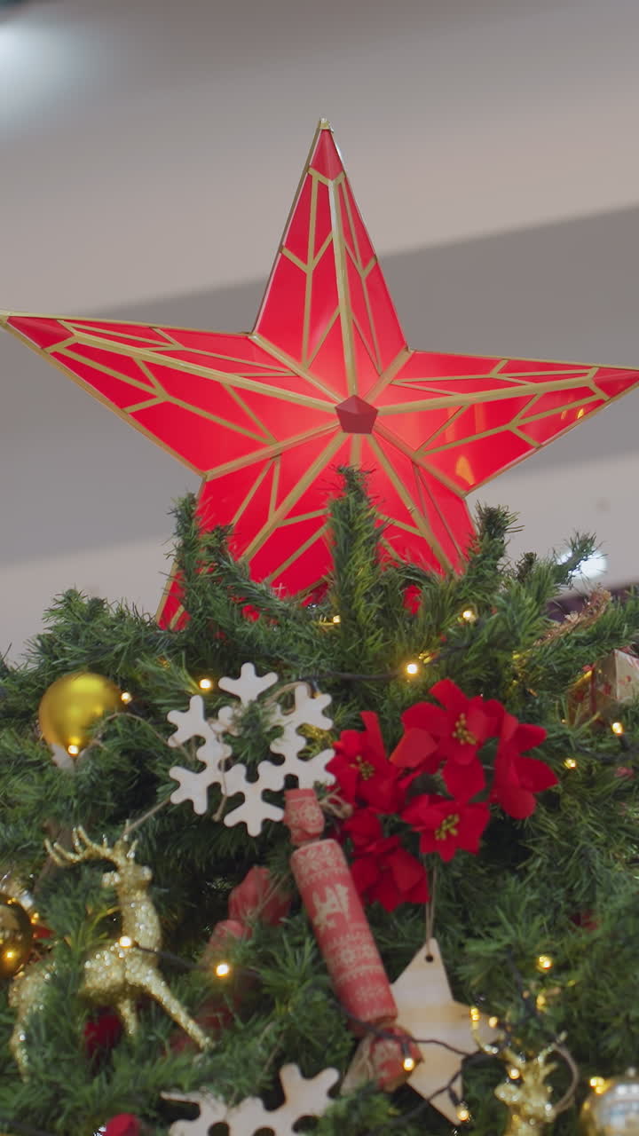 Close-up of beautifully decorated Christmas tree with glowing red star topper, golden ornaments, snowflakes, poinsettias, and festive decorations adorn lush green branches