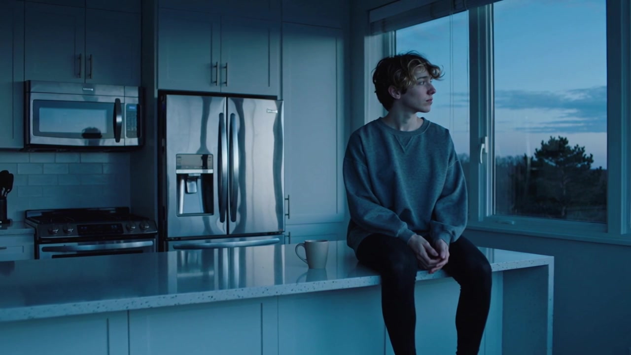 Sitting teen in gray sweatshirt gazing out window on countertop, watching dusk sky, copy space