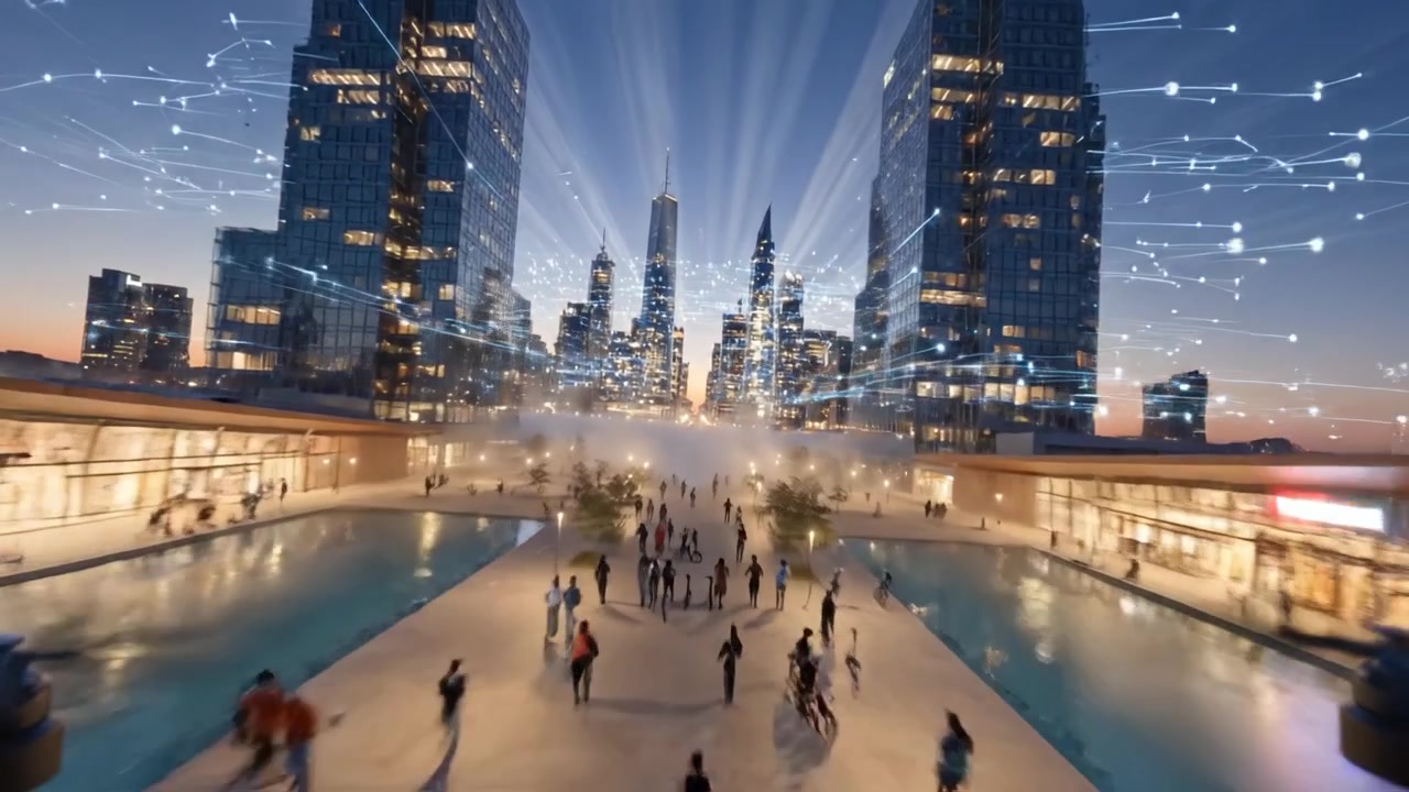 A Stunning Skyline Transition at Dawn: Illuminated Buildings and Radiant Beams of Light over the Water Create a Breathtaking Urban Landscape Experience