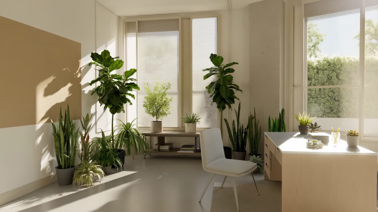 Bright and Serene Indoor Office Space with Abundant Greenery