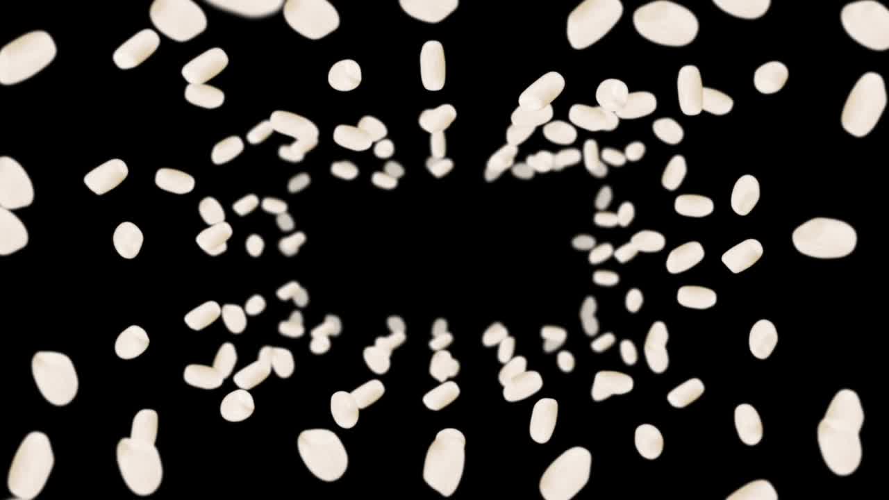 검은색 바탕에 많은 을 날려.  어리. 은. 채식주의자. 건강한 음식.  회전의 3d 루프 애니메이션.