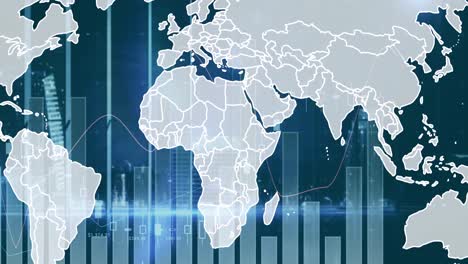 Animación-De-Gráficos-Y-Mapa-Mundial-Sobre-Fondo-Azul