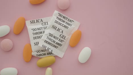 silica gel packets and assorted pills