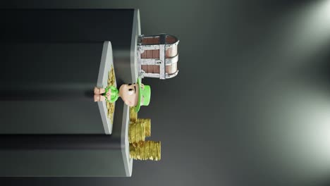 vertical de día de san patricio irlanda concepto enano irlandés sentado en un pedestal para el producto en línea exhibición de comercio electrónico con tesoro de oro y moneda de dinero en la luz negra configurar el fondo