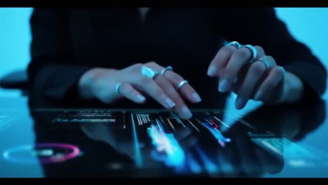 a futuristic interaction with a digital interface: showcasing the elegance of technology through smooth touch and advanced display in a sleek environment