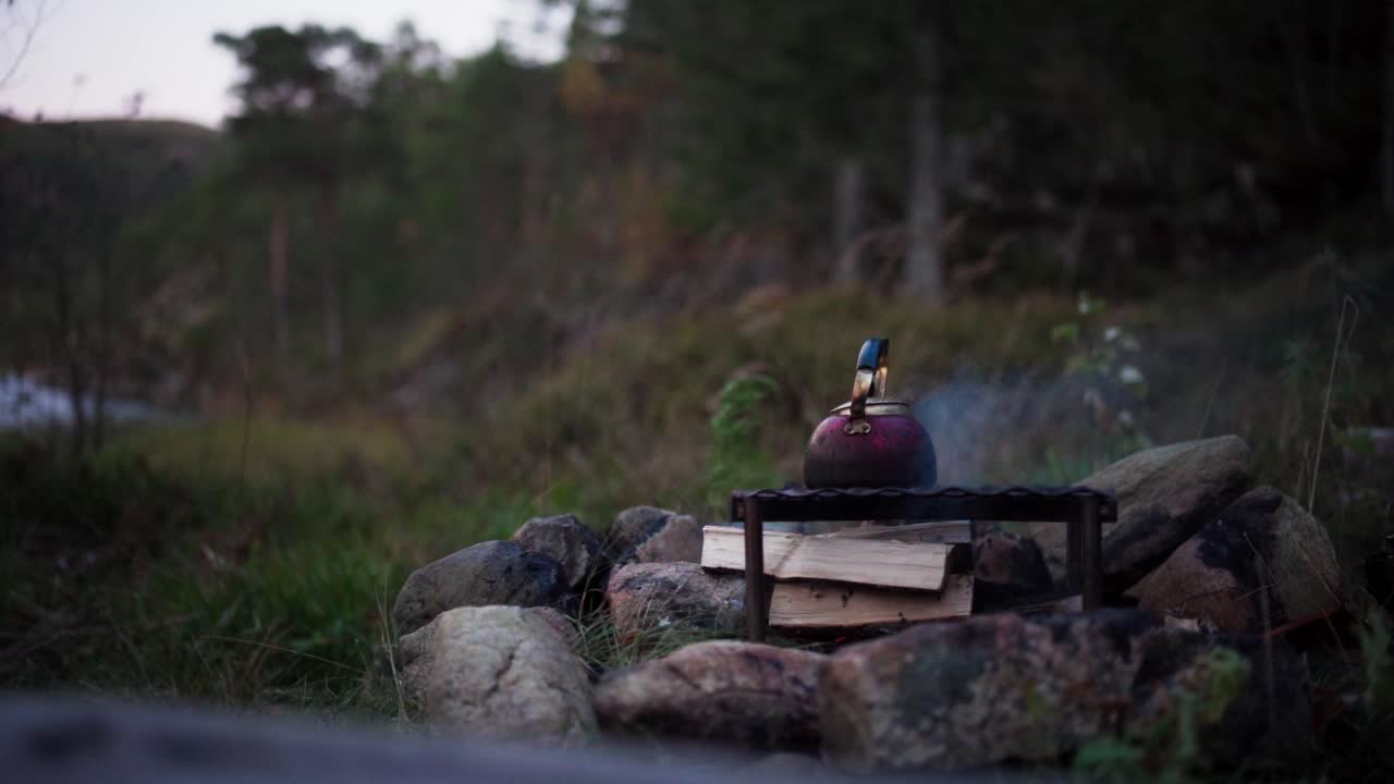 hildremsvatnet, trondelag, 노르웨이 - 나무 조각으로 야외에서 요리 - 가까운